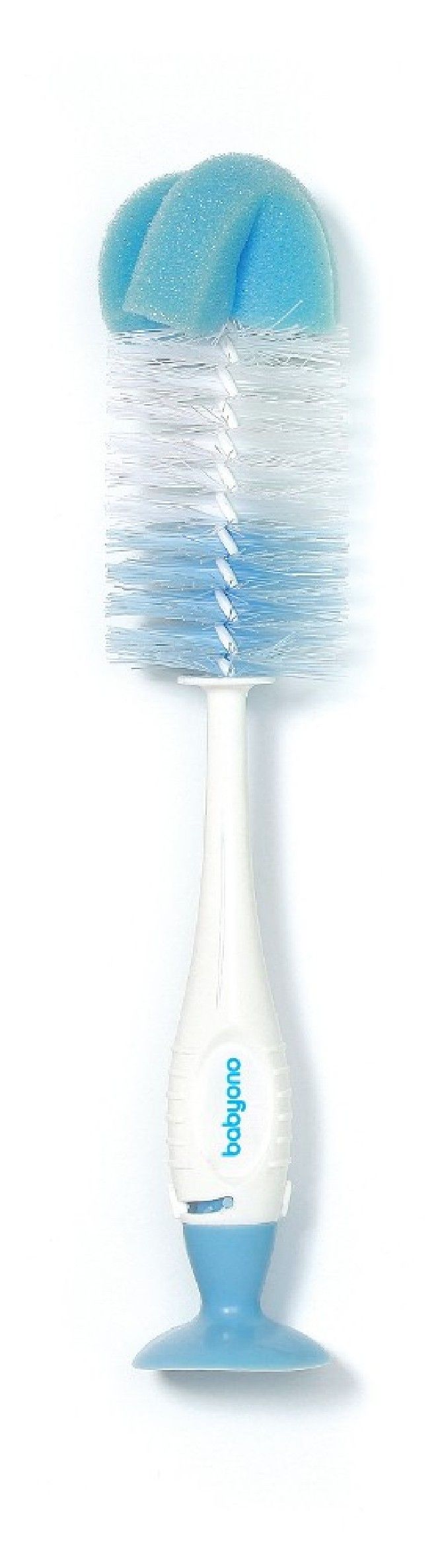 Szczotka do butelek i smoczków samostojąca z przyssawką i chowaną mini szczoteczką niebieska Take Care