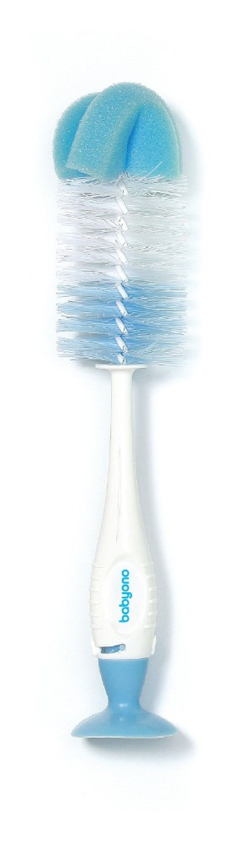 BabyOno Szczotka do butelek i smoczków samostojąca z przyssawką i chowaną mini szczoteczką niebieska Take Care