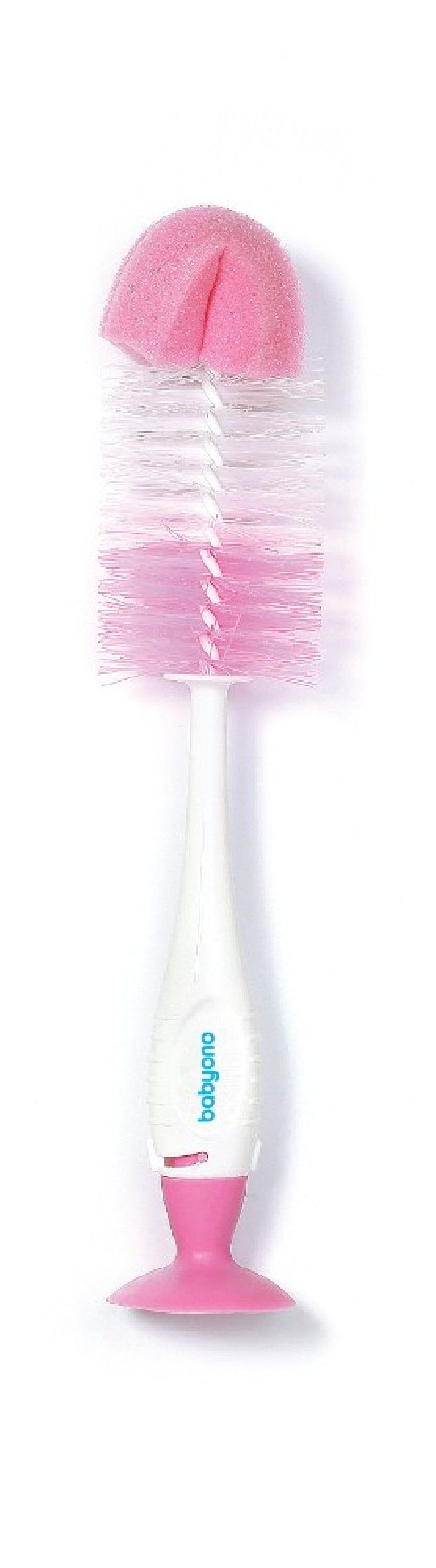 Szczotka do butelek i smoczków samostojąca z przyssawką i chowaną mini szczoteczką różowa Take Care