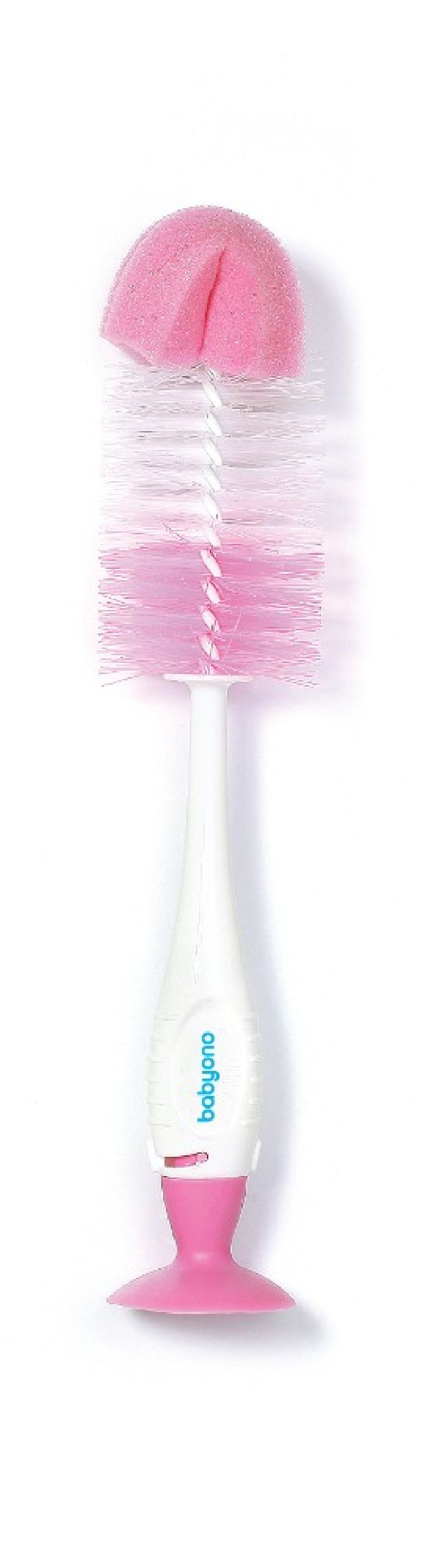 BabyOno Szczotka do butelek i smoczków samostojąca z przyssawką i chowaną mini szczoteczką różowa Take Care