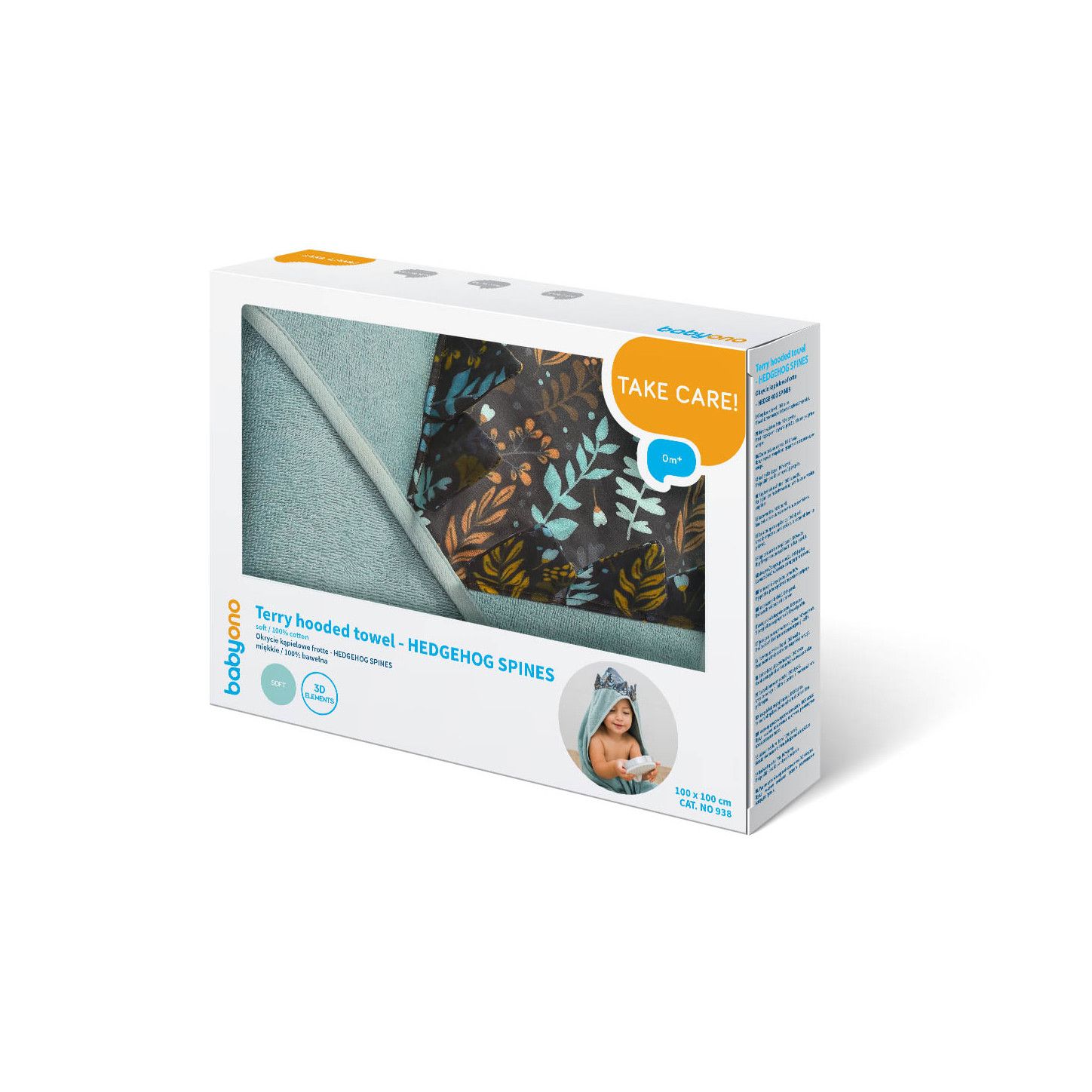 BabyOno Okrycie kąpielowe Frotte z uszkami 100x100 Hedgehog Spines zielony