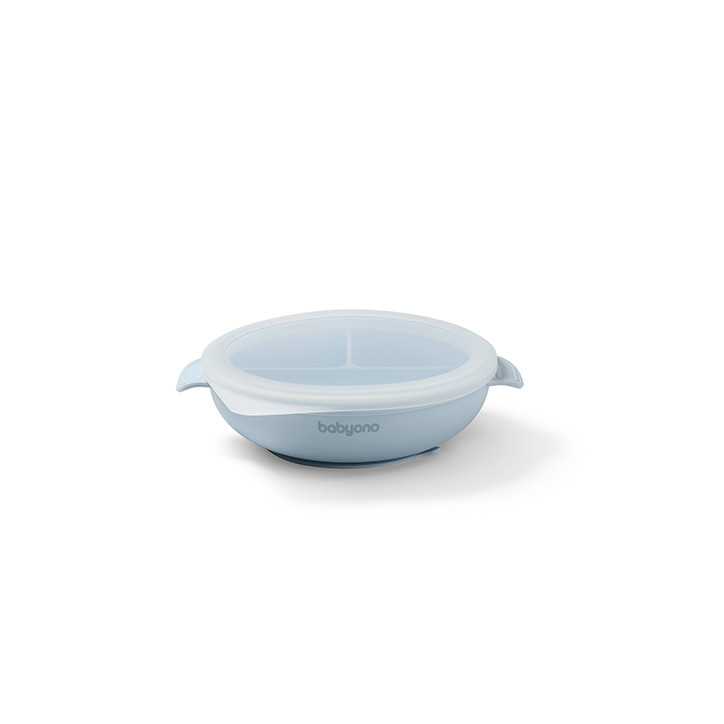 BabyOno Silikonowy talerz z przyssawką i przykrywką niebieski