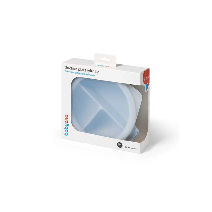BabyOno Silikonowy talerz z przyssawką i przykrywką niebieski